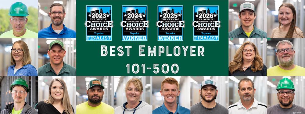 Sixteen portraits of a variety of McElroy's team members, plus Community's Choice finalist and winner logos.