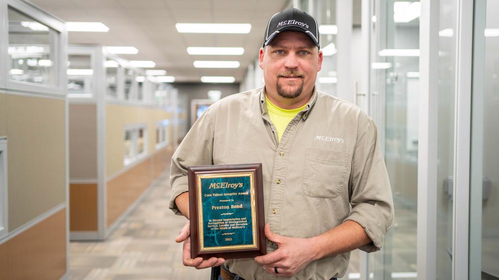 Preston Bond, McElroy’s commercial construction project manager, recipient of the 2022 McElroy's Core Values Integrity Award.