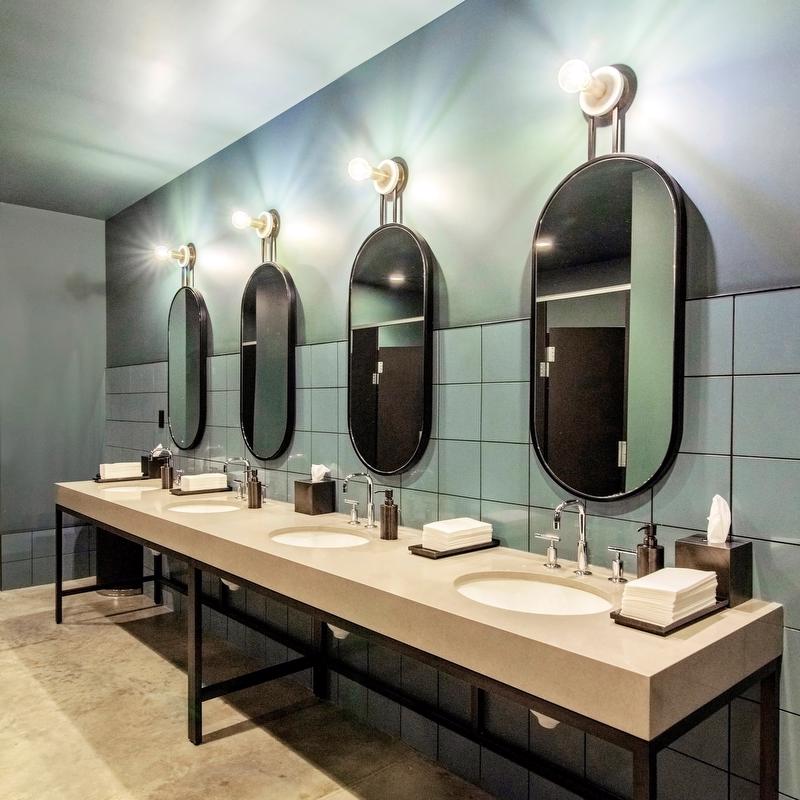 Cyrus Hotel restroom sinks and amenities.