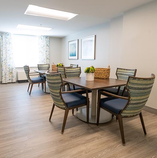 Renovated gathering spaces at Lawrence Presbyterian Manor feature enhanced A/C systems for resident and guest comfort.