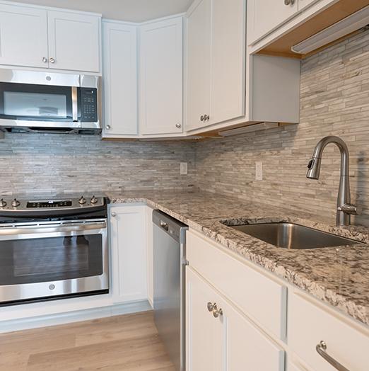 Renovated kitchens at Lawrence Presbyterian Manor offer updated counters, walls, cabinets, appliances and plumbing fixtures.