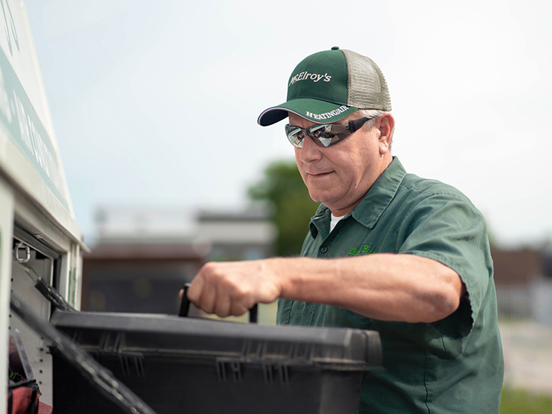 Chuck Buss, McElroy's commercial HVAC service technician, has the tools he needs to fix the problem.