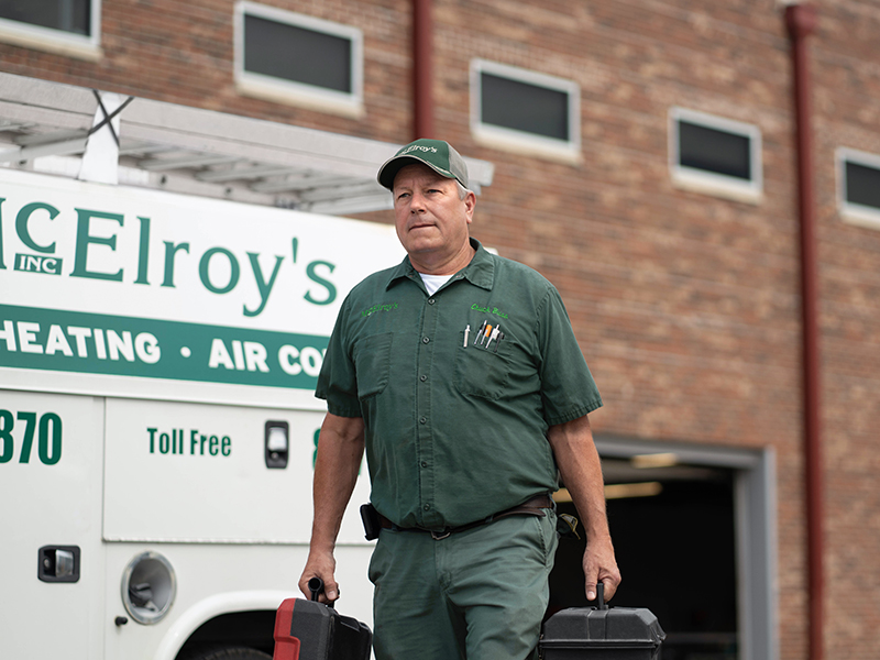Chuck Buss, McElroy's commercial HVAC technician, prepares to start his day of solving HVAC problems.