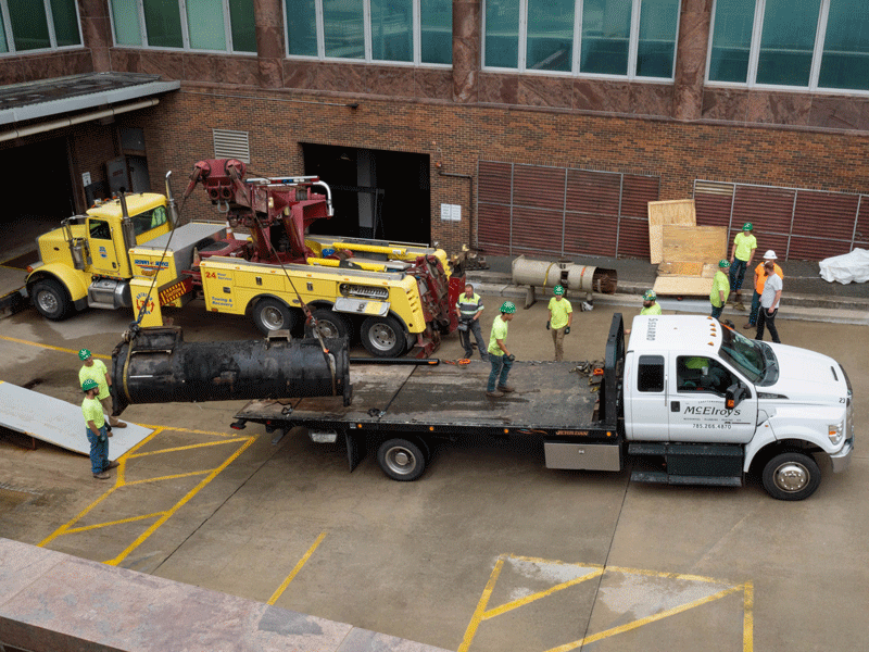 McElroy’s employed a vehicle recovery company’s 75-ton rotator crane to remove the old chiller and place the new one.