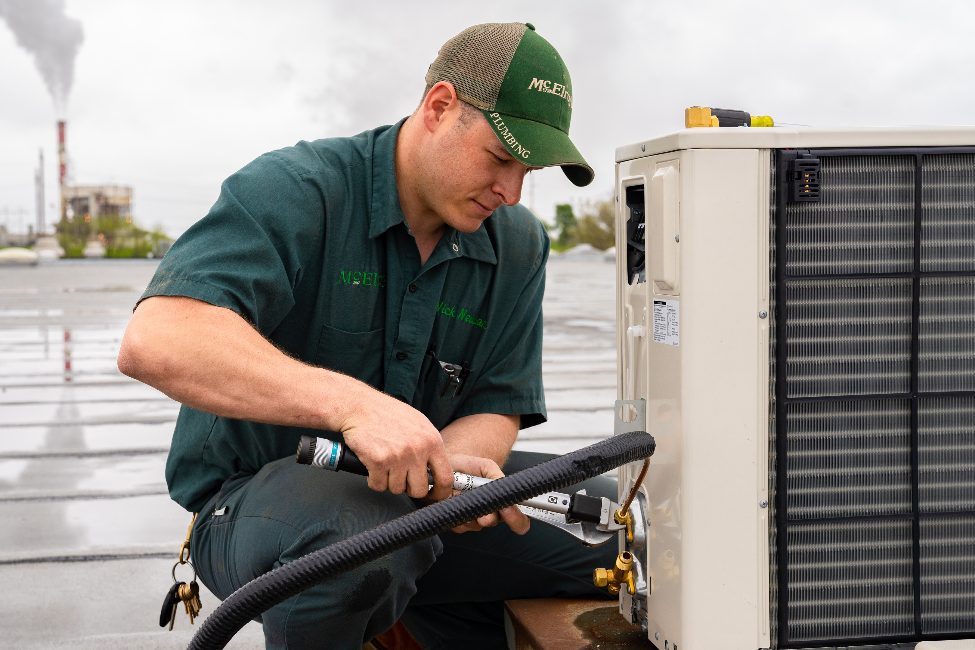 Nick Newsom works for the McElroy’s commercial HVAC service team as an HVAC technician.