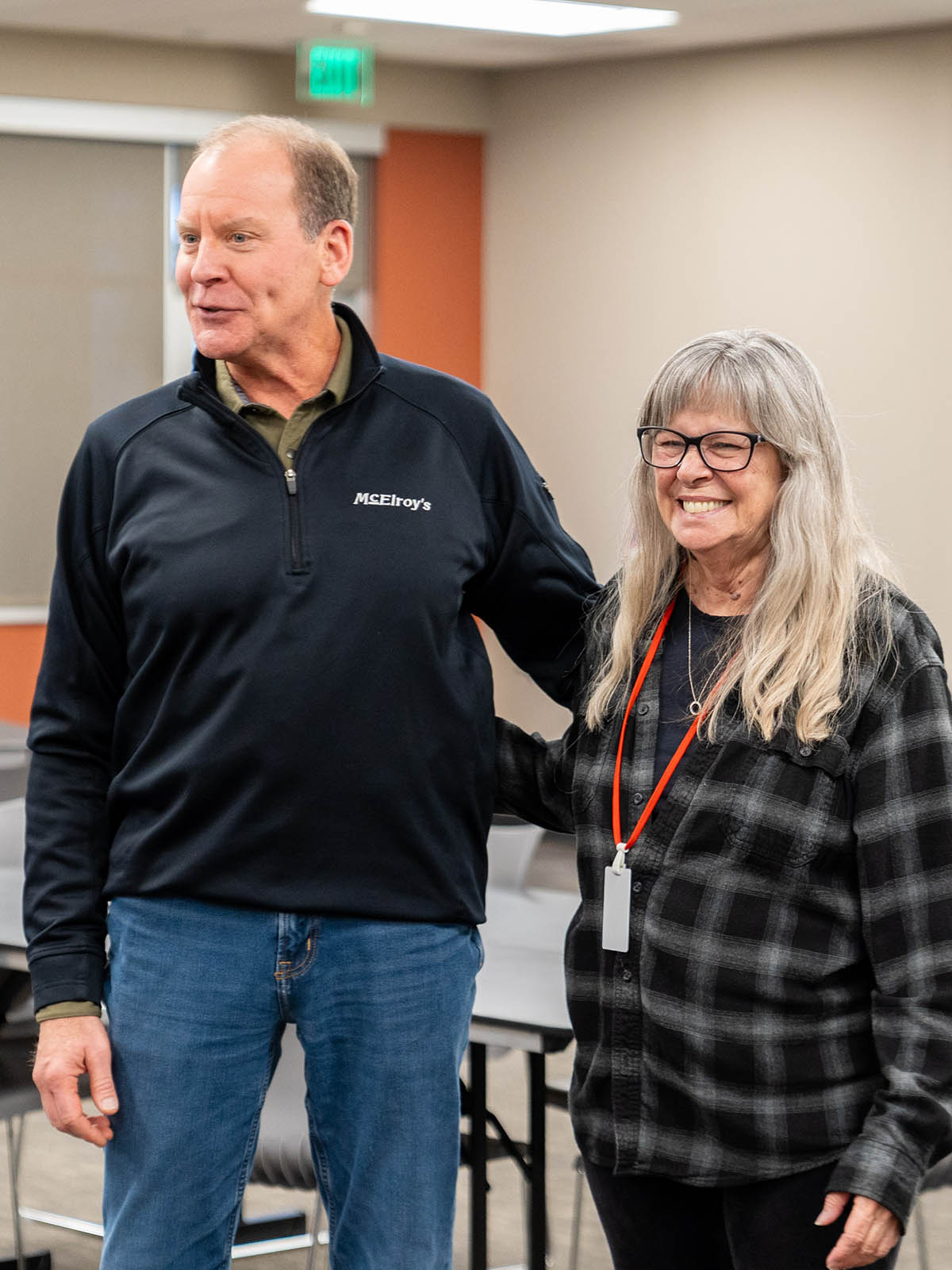 Barb Rittenhouse, accounts payable, with Dan Beal, McElroy’s president, at Barb’s retirement party, December 14, 2023.