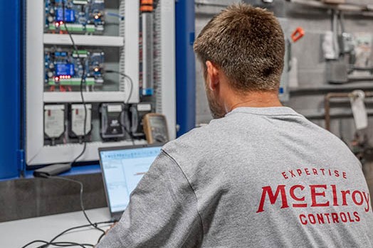 Dylan Hunninghake, McElroy Controls technician, performs building controls diagnostics, using the Niagara 4 online interface.