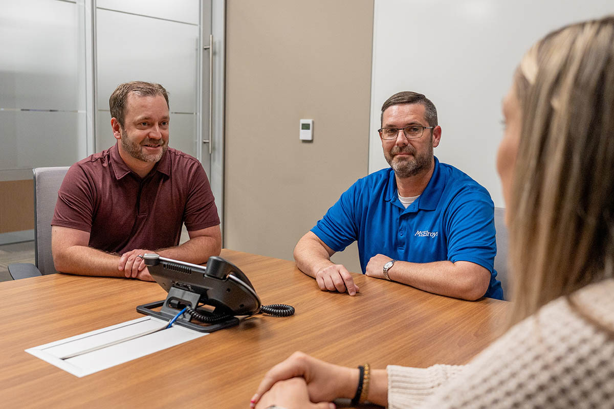 Nathan Stillings, McElroy’s chief financial officer, meets with the McElroy’s human resources team.