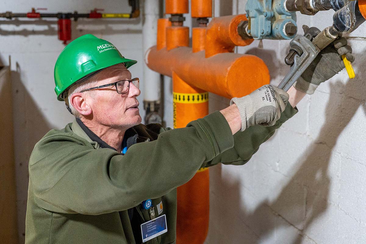 Quentin Latta, McElroy’s plumbing/pipefitting technician, knows nearly every pipe in every system on the St. Francis Campus.