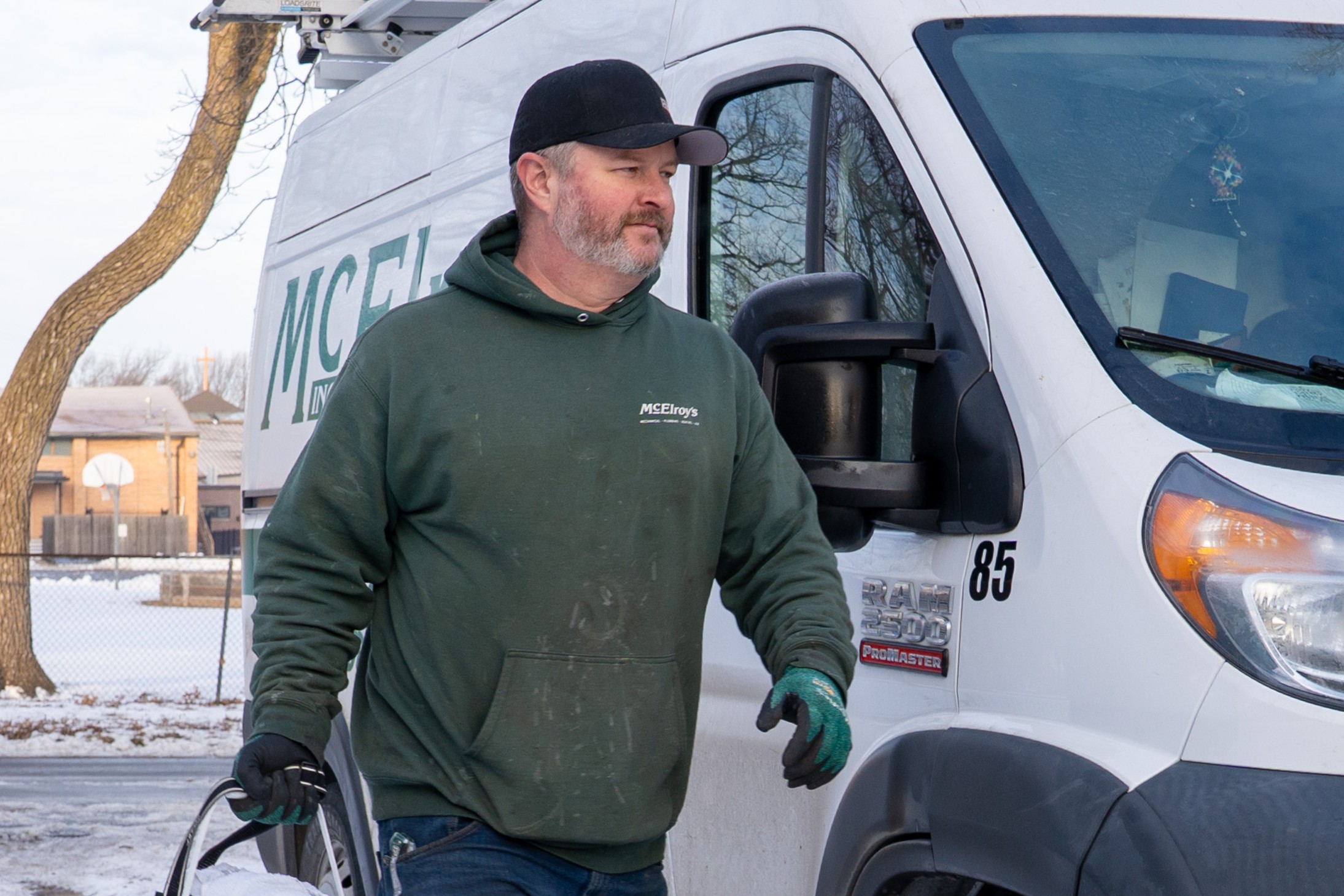 James King, McElroy’s plumber, arrives at a residence, ready to address any plumbing challenge.
