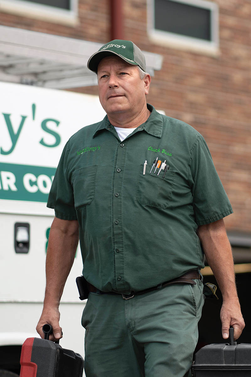 Chuck Buss, McElroy's commercial HVAC service technician, arrives to start his day of solving HVAC challenges.